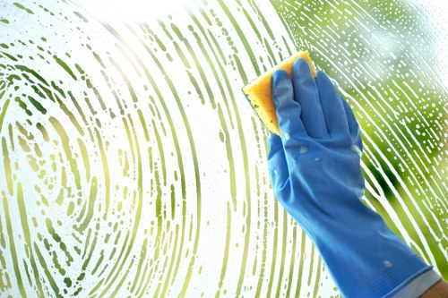 Commercial cleaners working in a modern E1 office reception area